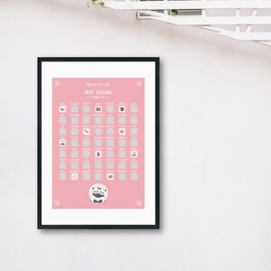 May include: A pink printable checklist with the text "Moments of Life: Best Friends" and a panda bear illustration. The checklist has 50 squares with various icons representing activities to do with a best friend.