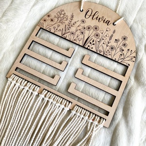 Personalized Nursery Decor, Girl Flower Bow organizer, Custom Flower Macramé wall hanging hair bow and headband holder