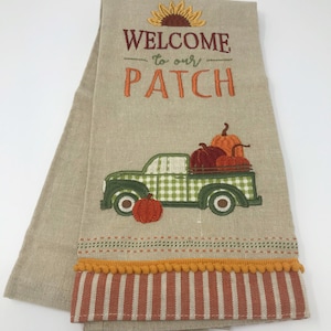 Pumpkins In The Truck Fall Design Motif Embroidery& Applique  Embellished Kitchen Towel