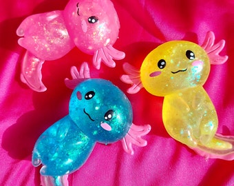 Glitter axolotl squishy stress ball fidget toy ADHD anxiety reliever for kids slime pink blue yellow orange stocking filler animal pet