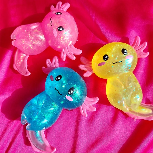 Squishy axolotl pailleté, balle anti-stress, jouet anti-anxiété TDAH pour les enfants, gelée rose bleu jaune orange pour bas de Noël, animal de compagnie