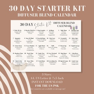 Könnte beinhalten: Ein druckbarer 30-Tage-Diffuser-Mischkalender mit einer Liste von ätherischen Ölmischungen für jeden Tag. Der Kalender soll Ihnen helfen, eine tägliche Routine für die Verwendung von ätherischen Ölen zu erstellen. Der Kalender ist in drei Größen erhältlich: A4, US Letter und 7x5 Zoll. Der Kalender steht zum sofortigen Download für den US PSK zur Verfügung. Andere Länder sind verfügbar oder senden Sie mir eine Nachricht!