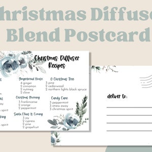 以下が含まれることがあります： 水彩画の花柄とクリスマスディフューザーのレシピリストが書かれた印刷可能なポストカード。レシピには、「サイレントナイト」、「ジンジャーブレッドハウス」、「オークリスマスツリー」、「キャンディーケーン」、「メリー＆ブライト」、「クリスマスモーニング」、「クリスマスベーキング」、「サンタクロースイズカミング」などの名前が含まれています。ポストカードには、「deliver to:」と書くスペースと、住所を書くための線が用意されています。