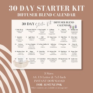 Op de afbeelding: Een printbare 30-daagse diffuser-mengkalender met een lijst van essentiële oliemengsels voor elke dag. De kalender is ontworpen om u te helpen een ontspannen en aangename sfeer in uw huis te creëren.