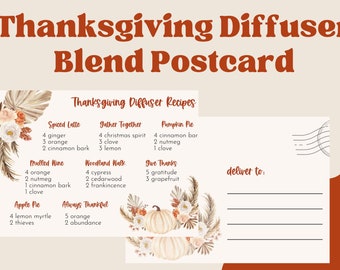 THANKSGIVING DIFFUSER BLENDS Recipe Postcard | Thanksgiving Essential Oil Diffuser Printable Postcard | Fall Young Living | Instant Download