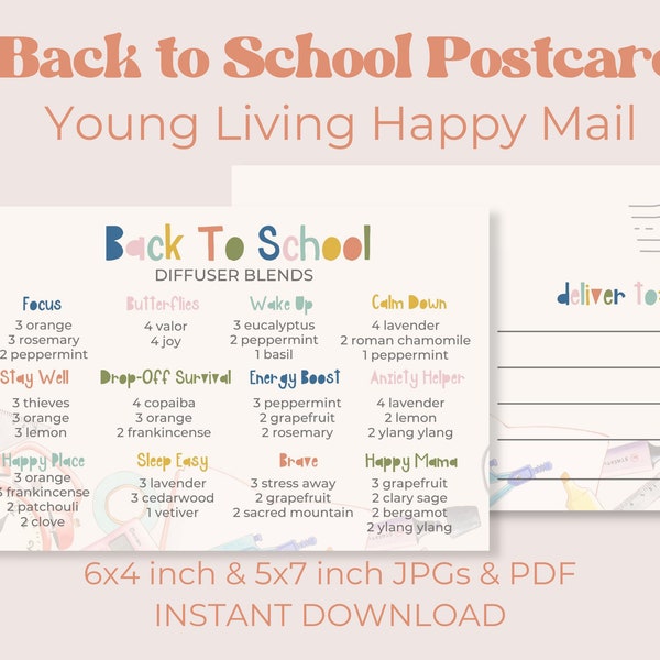 BACK TO SCHOOL Diffuser Blends Recipe Postcard | Essential Oils Young Living Printable Postcard | Young Living Mail | Instant Download