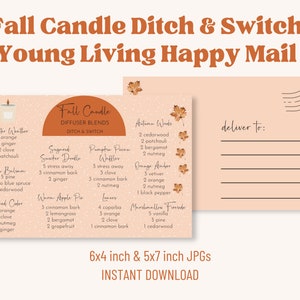 May include: Printable digital download of a Young Living Happy Mail postcard with a fall candle diffuser blend recipe card. The card features a brown and orange color scheme with a fall leaf design. The recipe card includes blends for Sweater Weather, Fresh Balsam, Speed Code,  Sugand Snicker Doodle, Warm Apple Pie, Pumpkin Pecan Waffle, Autumn Woods, Orange Amber, and Marshmallow Fireside. The postcard has a space to write "deliver to:" and lines for an address.