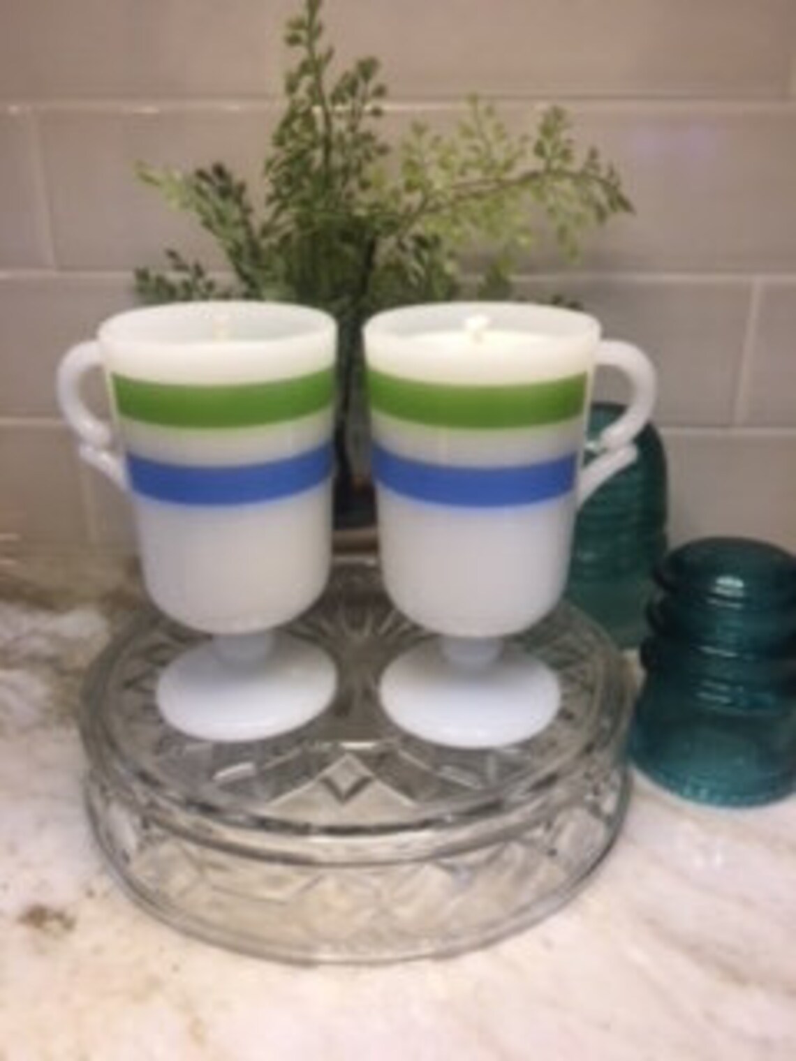 Vintage pedestal milk glass coffee cup with green and blue Etsy