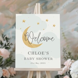 Cartello di benvenuto per baby shower, decorazioni celestiali per baby shower, baby shower con luna e stelle, design personalizzato, download digitale, genere neutro