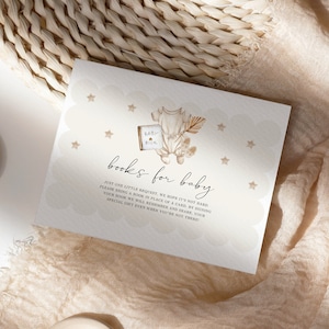 Livres de douche bohème garçon pour carte de bébé, baby shower beige neutre apporter une demande de livre, décoration de baby shower bohème pampa, vêtements de bébé # BHB1