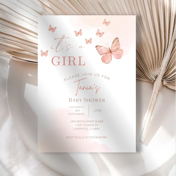 Pink Butterfly Baby Shower Invitation, DIGITAL DOWNLOAD, Invitation Template, Pink Baby Shower Decorations, It’s A Girl Invite, 5x7 Invite