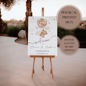 Gender Reveal Willkommensschild, Teddybär Neutral Gender Reveal Eingangsbanner, für Sie bedrucktes Gender Reveal Schild, Beige Gender Reveal Decor