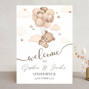 Gender Reveal Welcome Sign, Teddy Bear Neutral Gender Reveal Entrance Banner, Printable Gender Reveal Sign, Beige Gender Reveal Decor