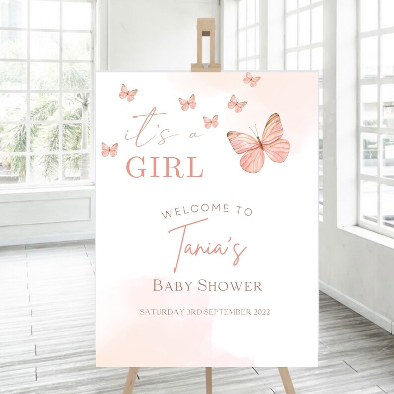 Pink Butterfly Baby Shower Sign, DIGITAL DOWNLOAD, Butterfly