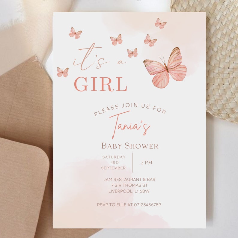 Pink Butterfly Baby Shower Invitation DIGITAL DOWNLOAD Etsy UK