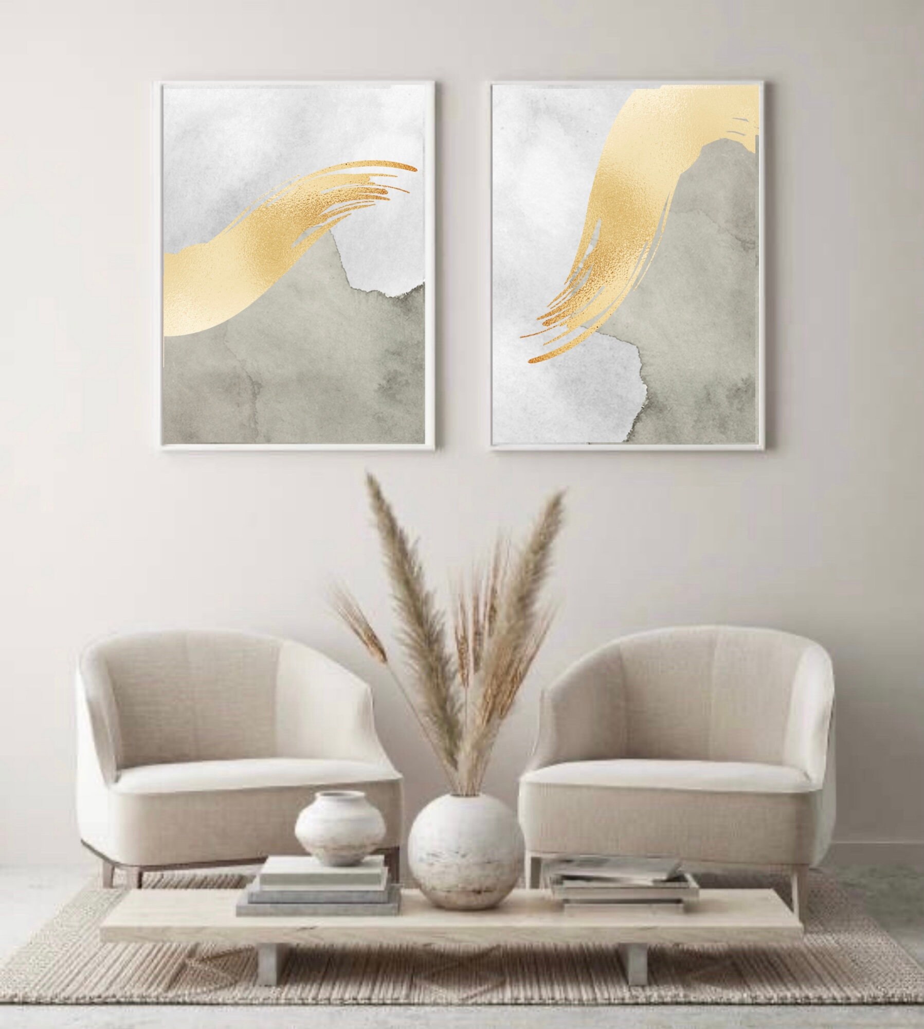 Set of 2 Abstract Prints Grey and Gold Wall Art A3 Poster Etsy