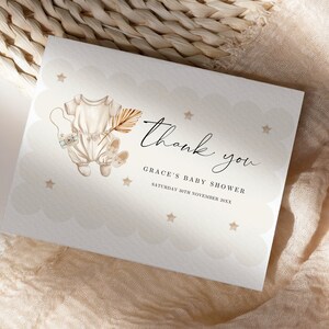 Carte de remerciement Boho pour shower de bébé garçon, carte de remerciement A5 beige neutre, remerciement bohème des pampas, vêtements de bébé Boho thème Baby Shower #BHB1