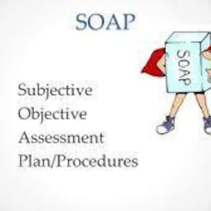 Peut inclure: Illustration de dessin animé avec le mot « SOAP » en haut. L'image montre une personne portant une boîte de savon comme costume, avec le mot « SOAP » imprimé sur la boîte. En dessous, les mots « Subjectif, Objectif, Évaluation, Plan/Procédures ».