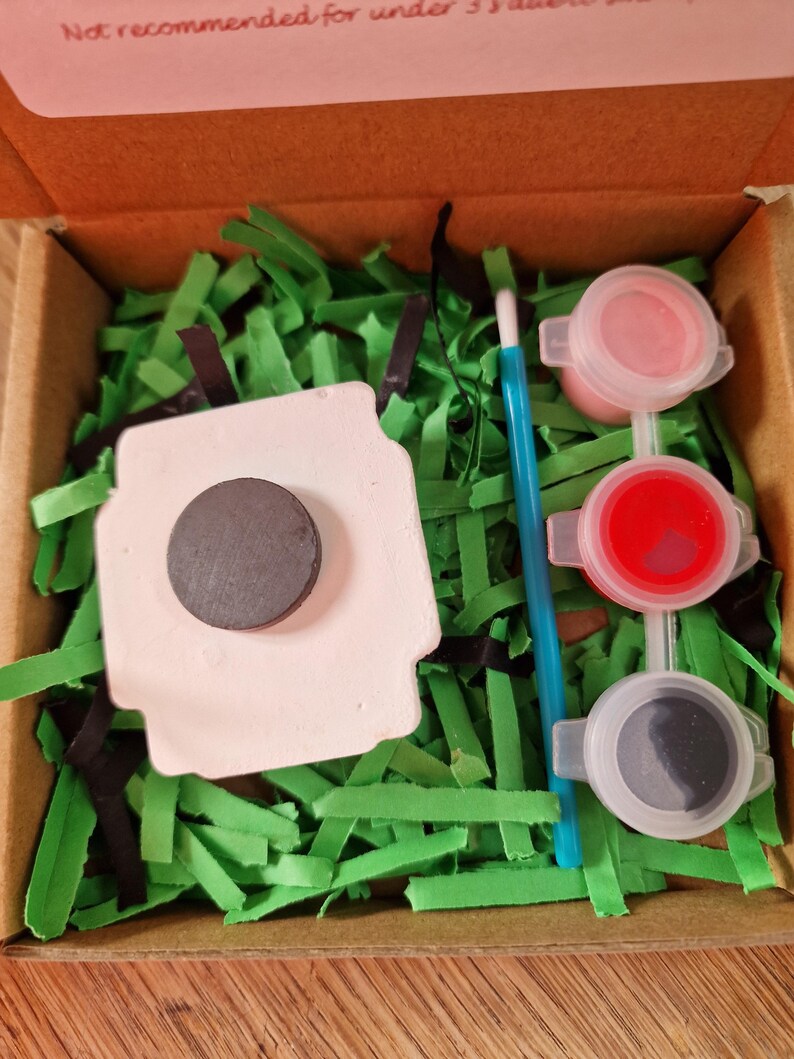 May include: A craft kit in a cardboard box, featuring a white ceramic sheep magnet with a black magnet attached, three paint pots with pink, red, and black paint, a blue paintbrush, and green and black paper shreds. The text "Not recommended for under 3" is visible.