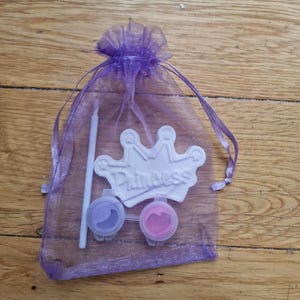May include: A purple mesh bag containing a white crown-shaped craft with the word "Princess" on it, two small containers of paint, and a paintbrush.