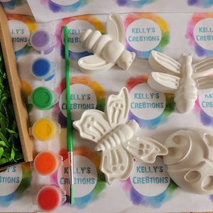 May include: A craft kit with five white ceramic figurines of a bee, butterfly, dragonfly, ladybug, and a blank one. The kit includes four small pots of paint in red, orange, yellow, and green, and a green paintbrush. The packaging includes the text "Kelly's Creations".