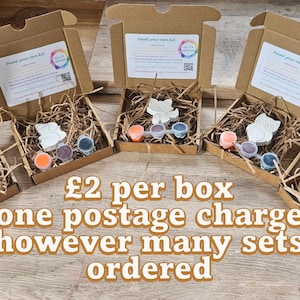 May include: Paint your own kit sets in cardboard boxes. Each box contains a plaster figurine, paint pots, and a paintbrush. The kits feature different animal shapes, including a squirrel, fox, and owl. The boxes are arranged on a wooden surface.
