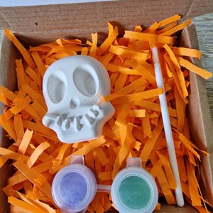 May include: A craft kit in a cardboard box, featuring a white skull, two paint pots with purple and green paint, and a paintbrush. The box is filled with orange paper strips. Text on the box reads: "Please scan to shop all of our creations" and "Not recommended for under 3's due to small parts."