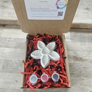 May include: A craft kit in a cardboard box containing a white flower-shaped plaster figure, three small paint pots, and red and black shredded paper filler. The box lid features a label with the text Paint your own kit and instructions.
