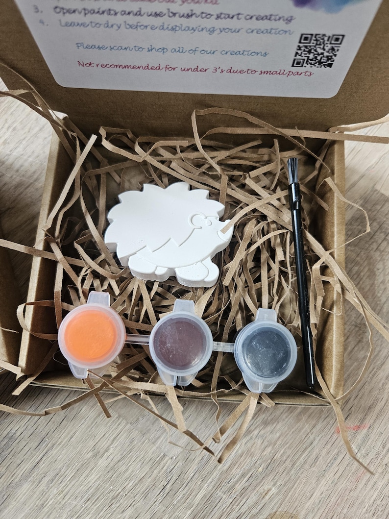 May include: A craft kit in a cardboard box, featuring a white hedgehog figure, three paint pots in orange, brown, and gray, and a paintbrush. The box contains shredded paper for cushioning. Text on the box reads: "Open paints and use brush to start creating."