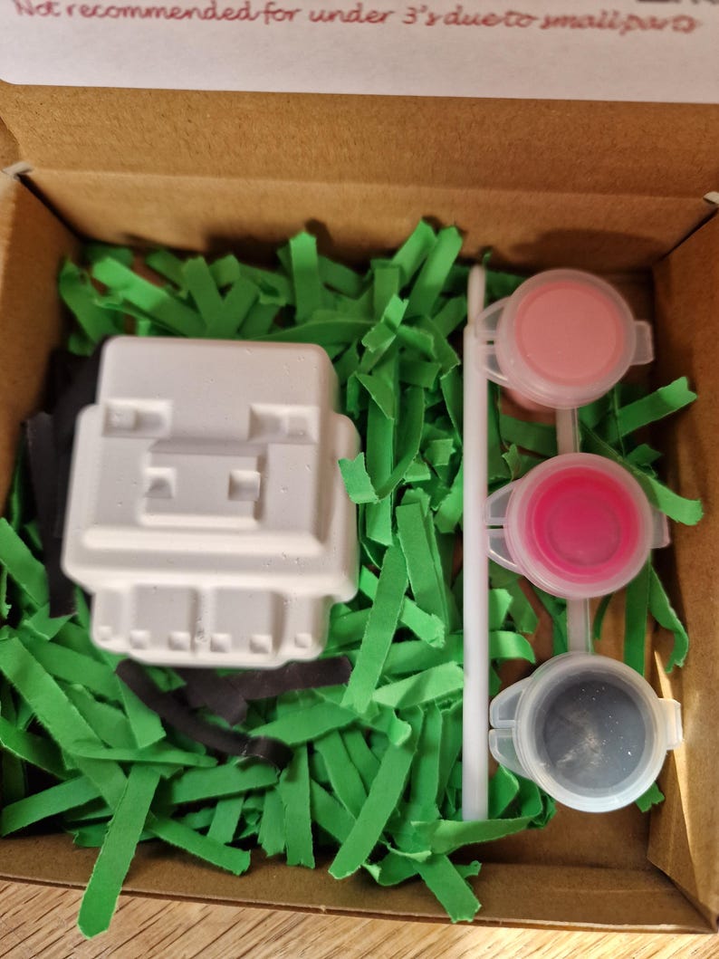 May include: A craft kit in a cardboard box, featuring a white block-shaped figure, green paper grass, black paper, three paint pots with pink and gray paint, and a white stirring stick. The text "Not recommended for under 3's due to small parts" is visible.