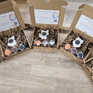 May include: Several craft kits in open cardboard boxes. Each kit contains a white ceramic flower-shaped magnet, paint pots in orange, purple, and silver, a paintbrush, and instructions. The boxes are filled with shredded paper for protection. The text on the box reads "Paint your own kit".