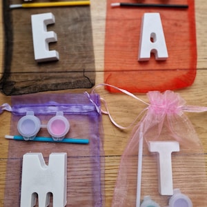 Letters made from plaster, with paint and brush in an organiser bag