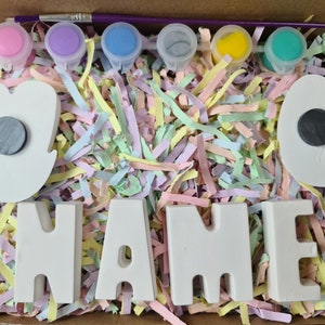 May include: A craft kit for painting a name with white ceramic letters and two white ceramic shapes, one shaped like an egg and the other like a flower. The kit includes six small paint pots with lids in pink, purple, blue, gray, yellow, and green. A small paintbrush is included.