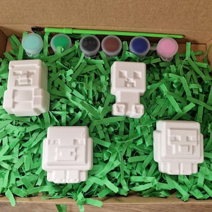 Puede incluir: Un kit de manualidades en una caja de cart&oacute;n, con cinco figuras blancas y cuadradas, botes de pintura de varios colores y un pincel verde. Las figuras est&aacute;n dispuestas sobre virutas de papel verde. Los colores incluyen turquesa, verde, negro, marr&oacute;n, azul y rosa.