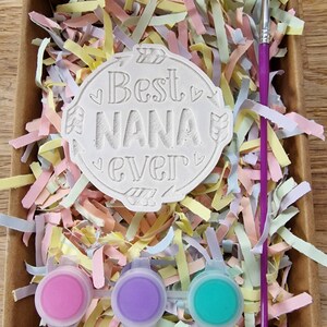 May include: A craft kit with a white ceramic tile that says "Best Nana Ever" in a decorative font. The kit includes three small bottles of paint in pink, purple, and turquoise, and a purple paintbrush.
