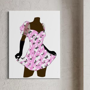 Puede incluir: Ilustración de un vestido rosa con un estampado de mariposas. El vestido tiene un escote corazón, mangas abullonadas y una falda acampanada. También se representan guantes negros y piernas marrones. La obra de arte se muestra sobre un lienzo blanco.