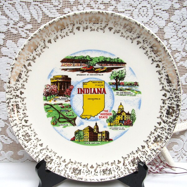 Vintage Souvenir Plate INDIANA State Plate Gold Trim Map Indianapolis SPEEDWAY Turnpike Notre Dame State Capitol Rogers Clark Memorial