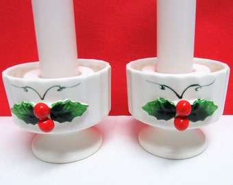 Vintage HOLT HOWARD Lovely Candle Stick Holders CHRISTMAS Holiday Holly Set of 2 1959 Mid Century Candleholders Berries