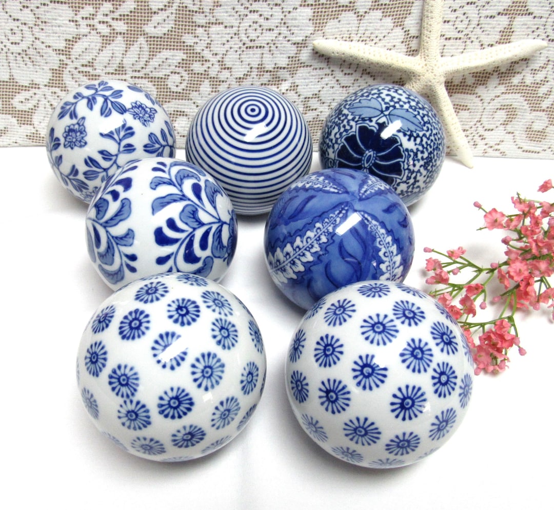 Blue and White Decorative Balls Orbs Spheres Set of 7 Etsy