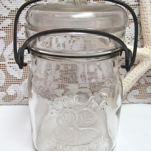 Vintage ATLAS GOOD LUCK Fruit Canning Jar Glass Small Square with Lid & Bail Shamrock Half Pint Clear Glass Country Farmhouse