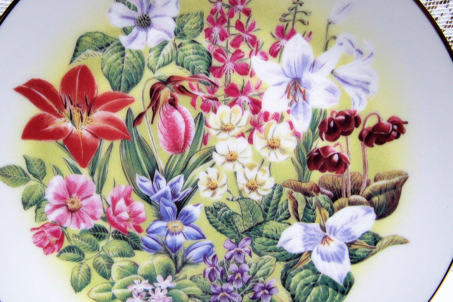   Provincial Flowers プレート 3枚 Vintage VILETTA Fine China Provincial Flowers of Canada Plate GOLD