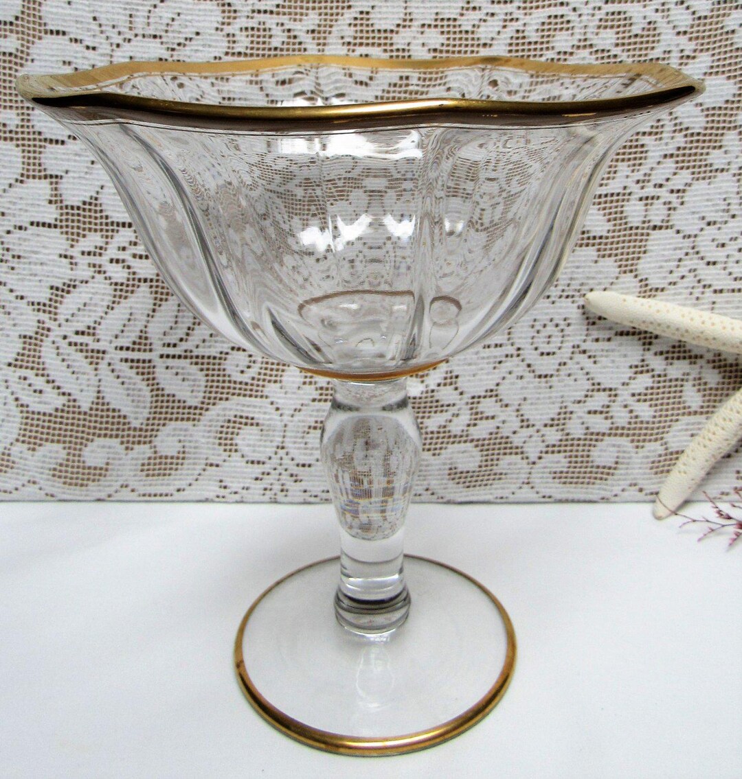 Vintage CLEAR GLASS Ruffle Goblet Pedestal Compote Candy Nut Dish Gold ...