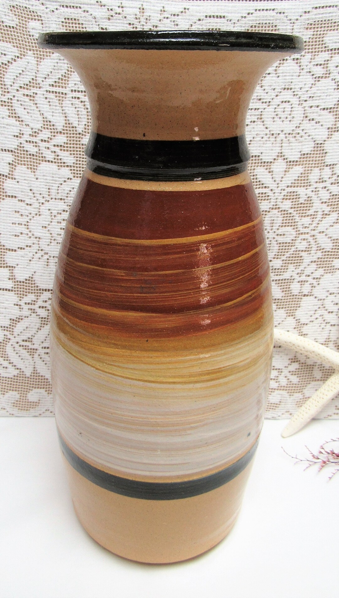 Vintage BLOOMINGTON POTTERY Large Swirl VASE Brown White Tan Etsy