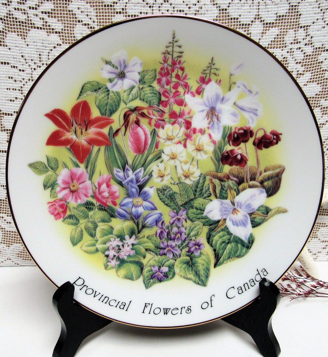   Provincial Flowers プレート 3枚 Vintage VILETTA Fine China Provincial Flowers of Canada Plate GOLD