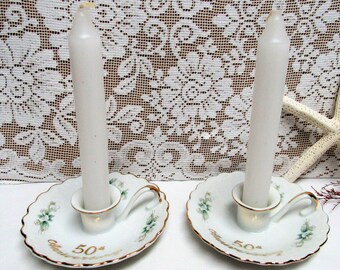 Vintage LEFTON CHINA 50th Anniversary Candle Holders Candle Sticks Porcelain Hand Painted