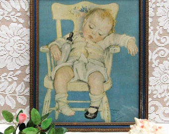 altes Plakat Kunstdruck Kind im Stuhl Maud Tousey Fangel  Lithographie um 1930 