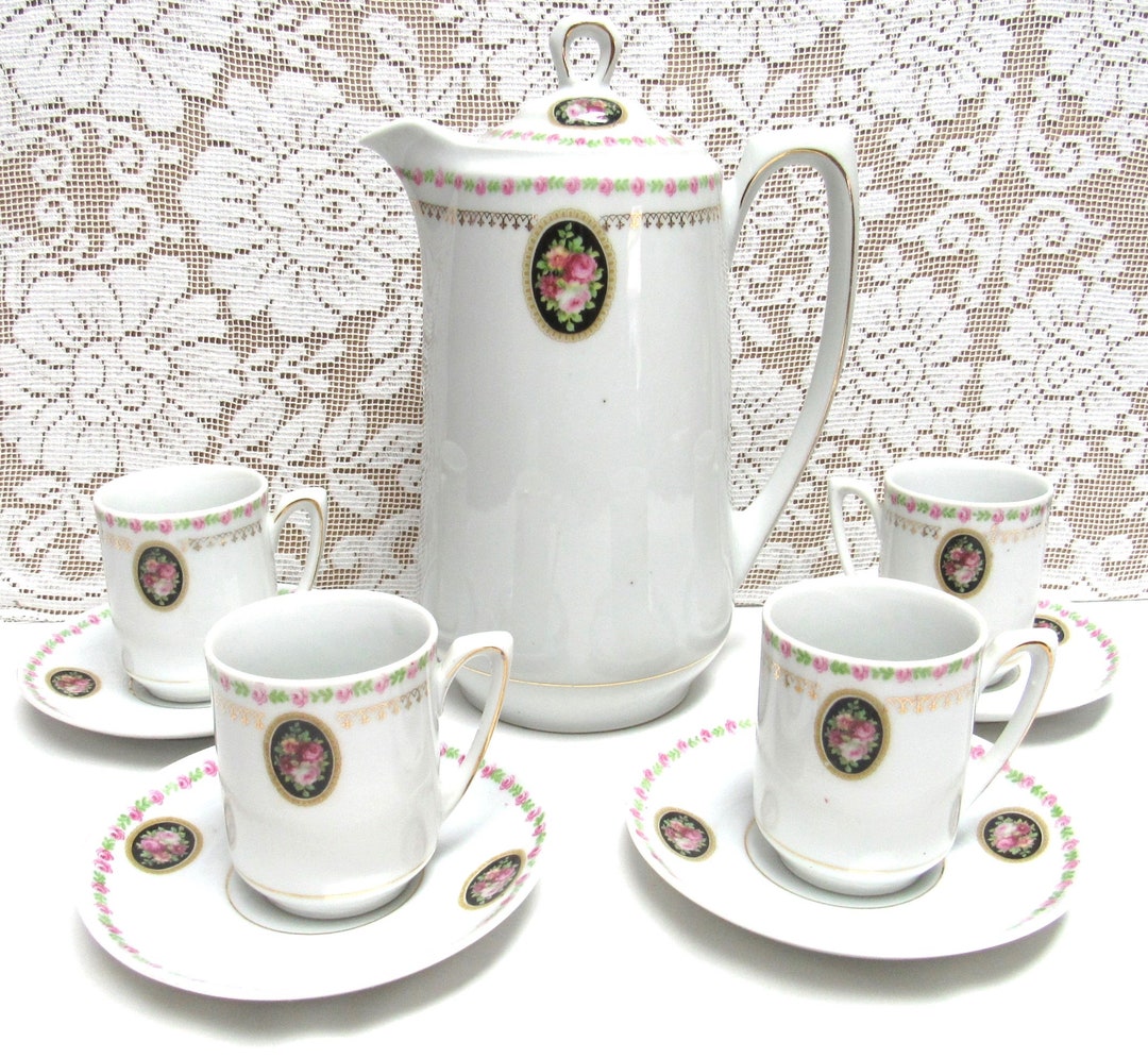 Lovely Vintage BAVARIA Porcelain CHOCOLATE SET 6 Cup Teapot 4 Cups and ...