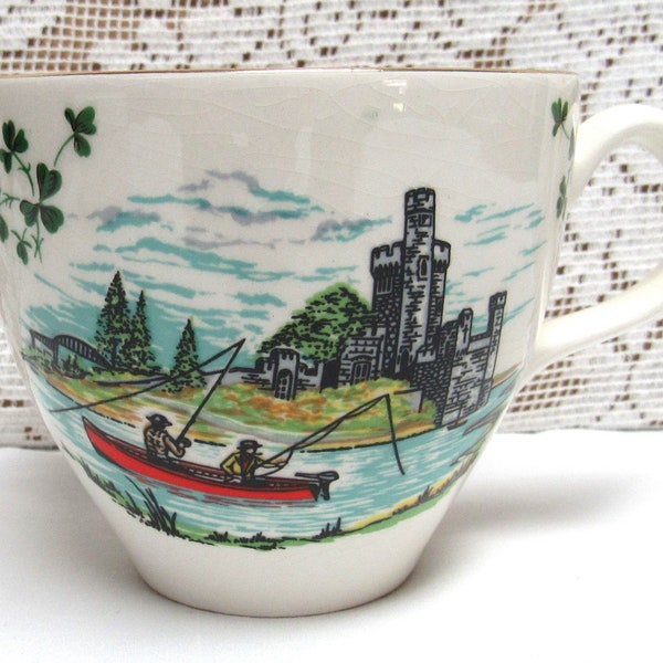 Vintage CARRIGALINE POTTERY IRELAND Tea Coffee Cup Shamrock Souvenir Fishing Blackrock Castle River Lee Tara Brooch County Cork