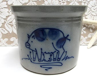 Vintage DAVID ELDRETH PIGGIE Salt Glazed Stoneware Planter Pot Crock Blue Country Farmhouse Utensil Holder Souvenir Pottery Piggy Pig 1999