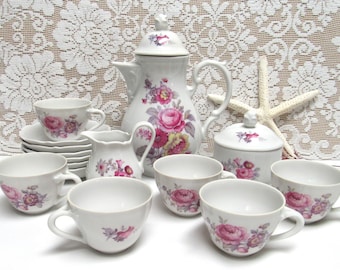 Gorgeous Vintage SCHALLER WINTERLING Schwarzenbach Bavaria Germany TEA Set Pink Roses Teapot Sugar Bowl Creamer 6 Cups and Saucers Shabby